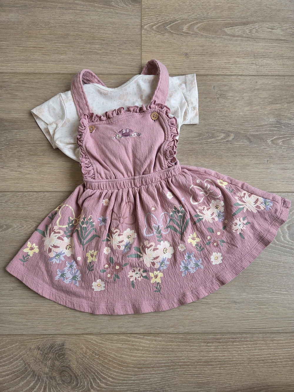 Disney Dusty Pink Floral Pinafore Dress with Ruffle Straps & Minnie Mouse Detail